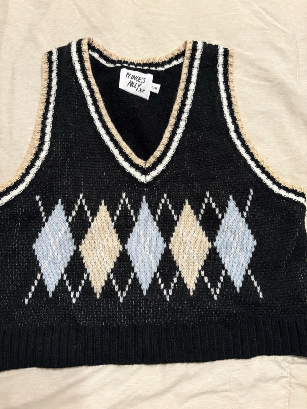Princess Polly Black Argyle Knit Sweater Vest with Cream & Light Blue
